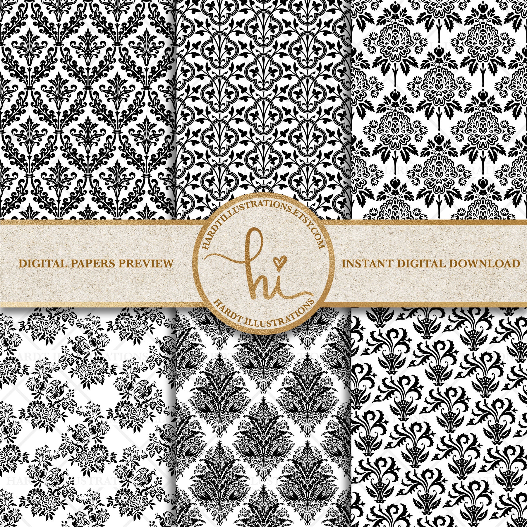 Black & White Damask Digital Paper Vintage Damask Background Etsy