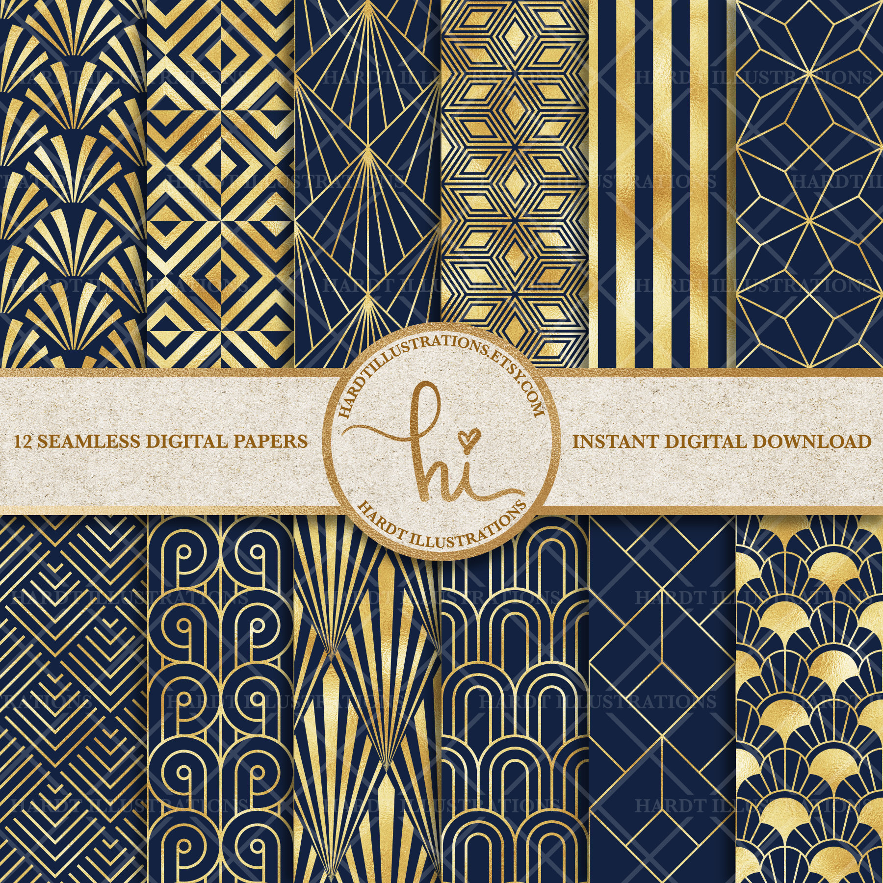 Navy & Gold Foil Art Deco Digital Paper Geometric Design Etsy