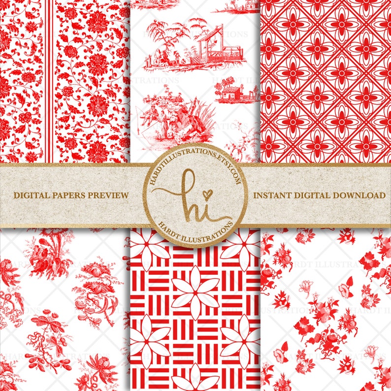 Red & White Chinoiserie Digital Paper Vintage Chinoiserie Etsy