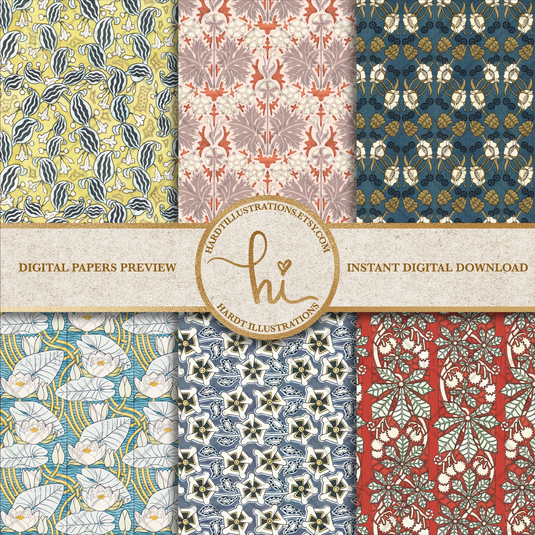 Art Nouveau Flowers Digital Paper Set 9 Plants Digital Paper - Etsy