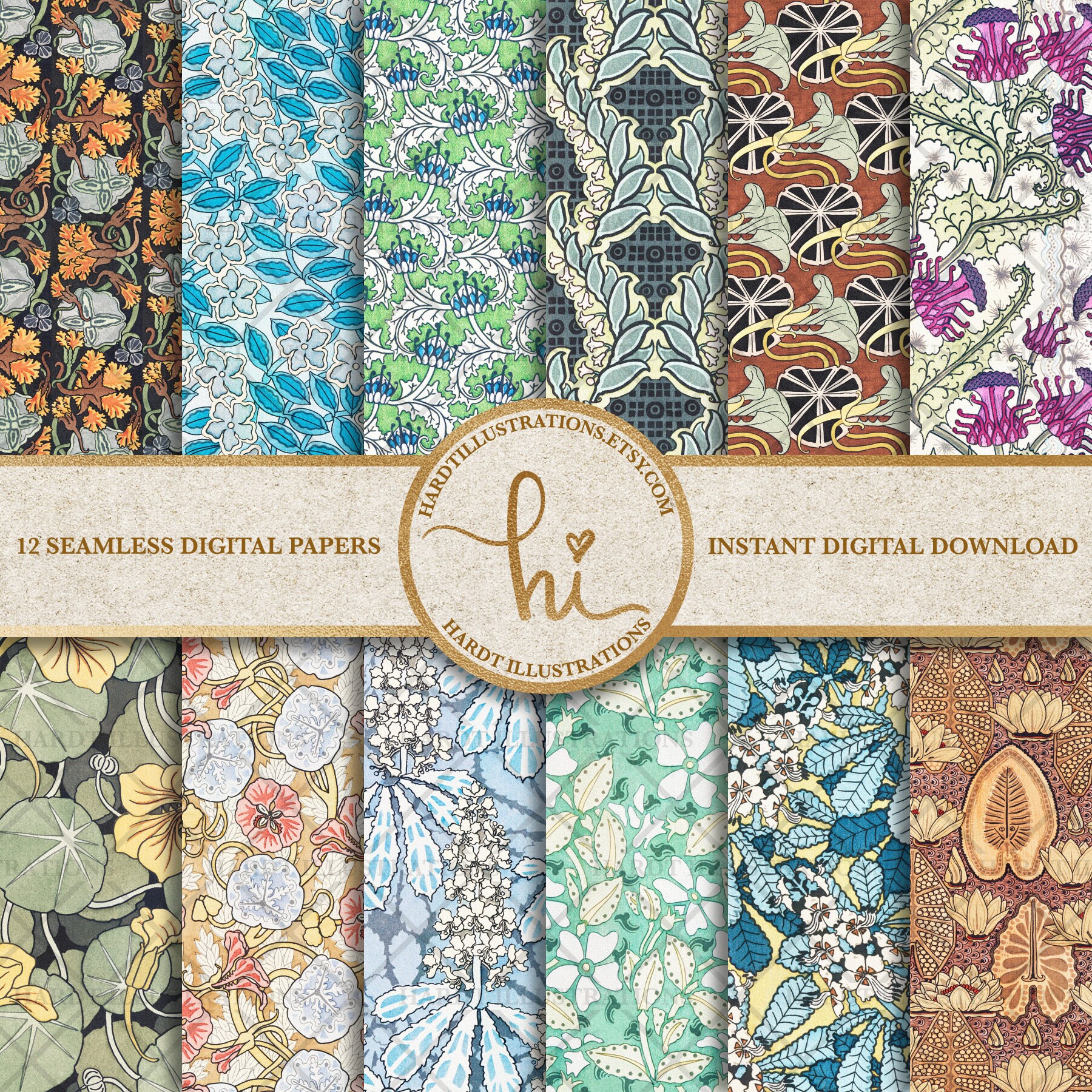 Art Nouveau Flowers Digital Paper Set 7 Plants Digital Paper - Etsy