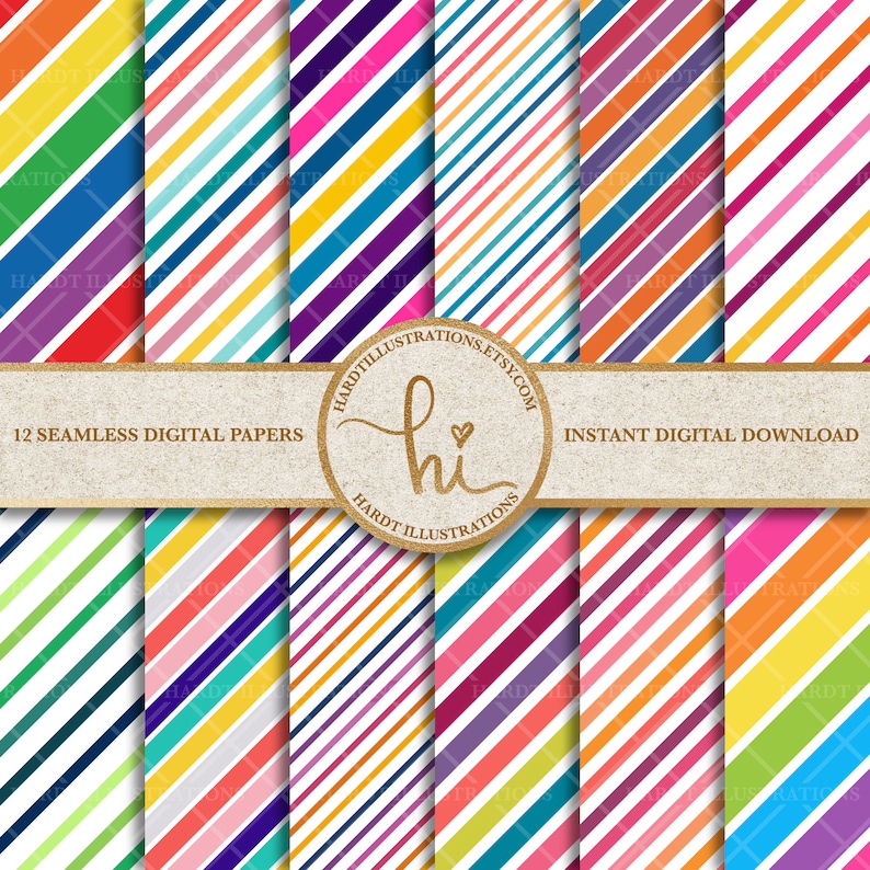 Rainbow Stripes Digital Paper, Bright Candy Stripes Design, Colorful Diagonal Stripes, Striped Scrapbook Paper, Cute Printable Line Patterns 