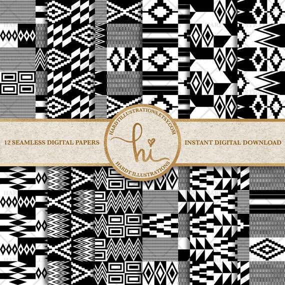 Black and White Kente Digital Paper African Kente Cloth 