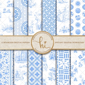 Light Blue Chinoiserie Digital Paper, Vintage Chinoiserie Toile Prints, China Digital Paper, Printable Pastel Blue Paper, Seamless Patterns