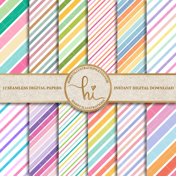 Pastel Stripe Digital Paper, Rainbow Candy Stripes Design, Diagonal Stripes, Pink Printable Paper, Cute Scrapbook Paper, Seamless Patterns