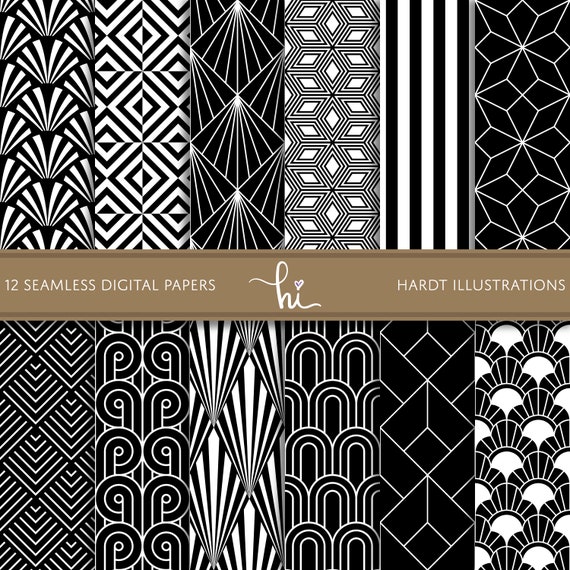 Black White Art Deco Digital Paper Geometric Design Etsy