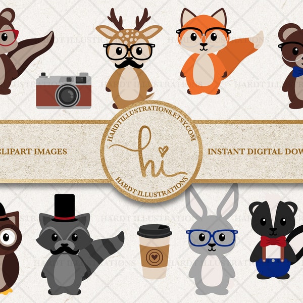 Hipster Woodland Animals Clipart, Hipster Woodland Animals Clip Art, Hipster Animals Clipart, Woodland Animals Clipart, Woodland Nursery