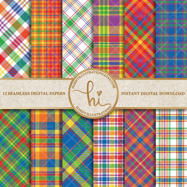 Rainbow Plaid Digital Paper, Checkered Design, Summer Plaid Check Texture, Tartan Fabric Digital Paper, Checked Background, Colorful Pattern