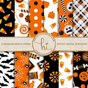 Halloween Digital Paper, Halloween Candy, Halloween Clipart, Scrapbook Paper, Halloween Printable, Orange Black Papers, Trick or Treat Party image 1