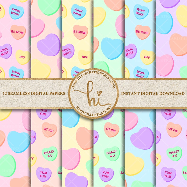 Pastel Candy Heart Digital Paper, Valentine Digital Paper, Conversation Hearts, Valentine's Day Candy, Sweets Design, Cute Scrapbook Paper image 1