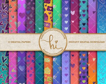 Holographic Hearts Digital Paper, Neon Rainbow Digital Paper, Iridescent Foil Texture, DIY Printable Paper, Colorful Ombre Scrapbook Designs