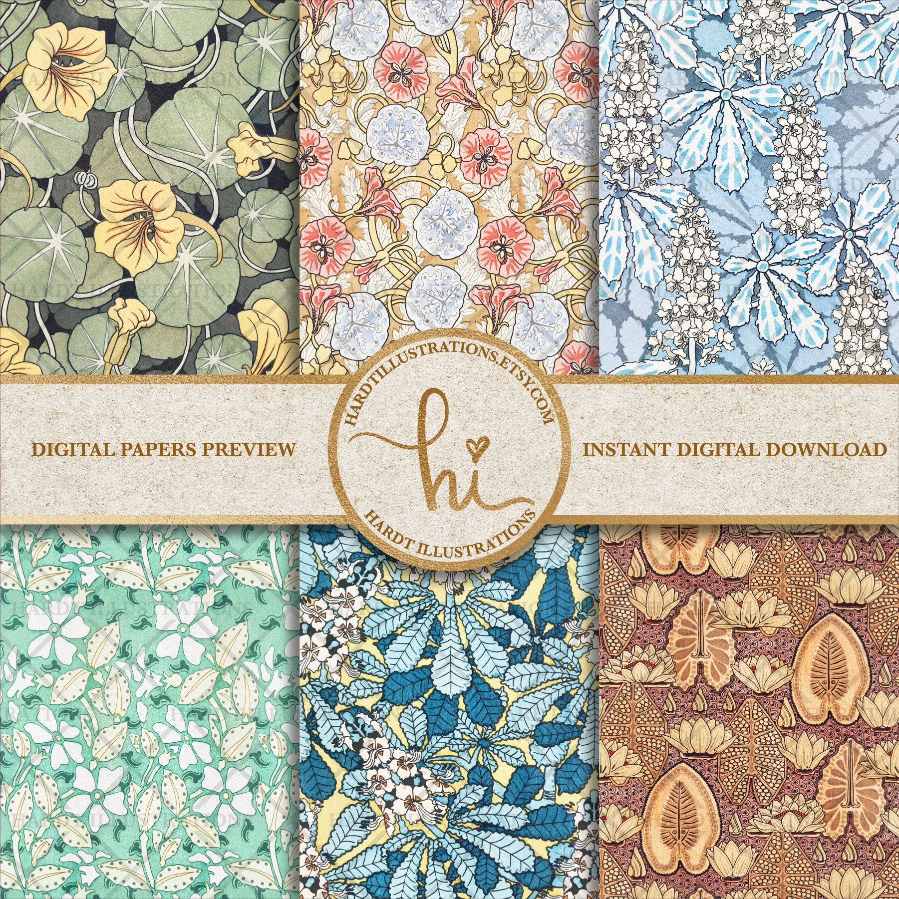 Art Nouveau Flowers Digital Paper Set 7 Plants Digital Paper - Etsy