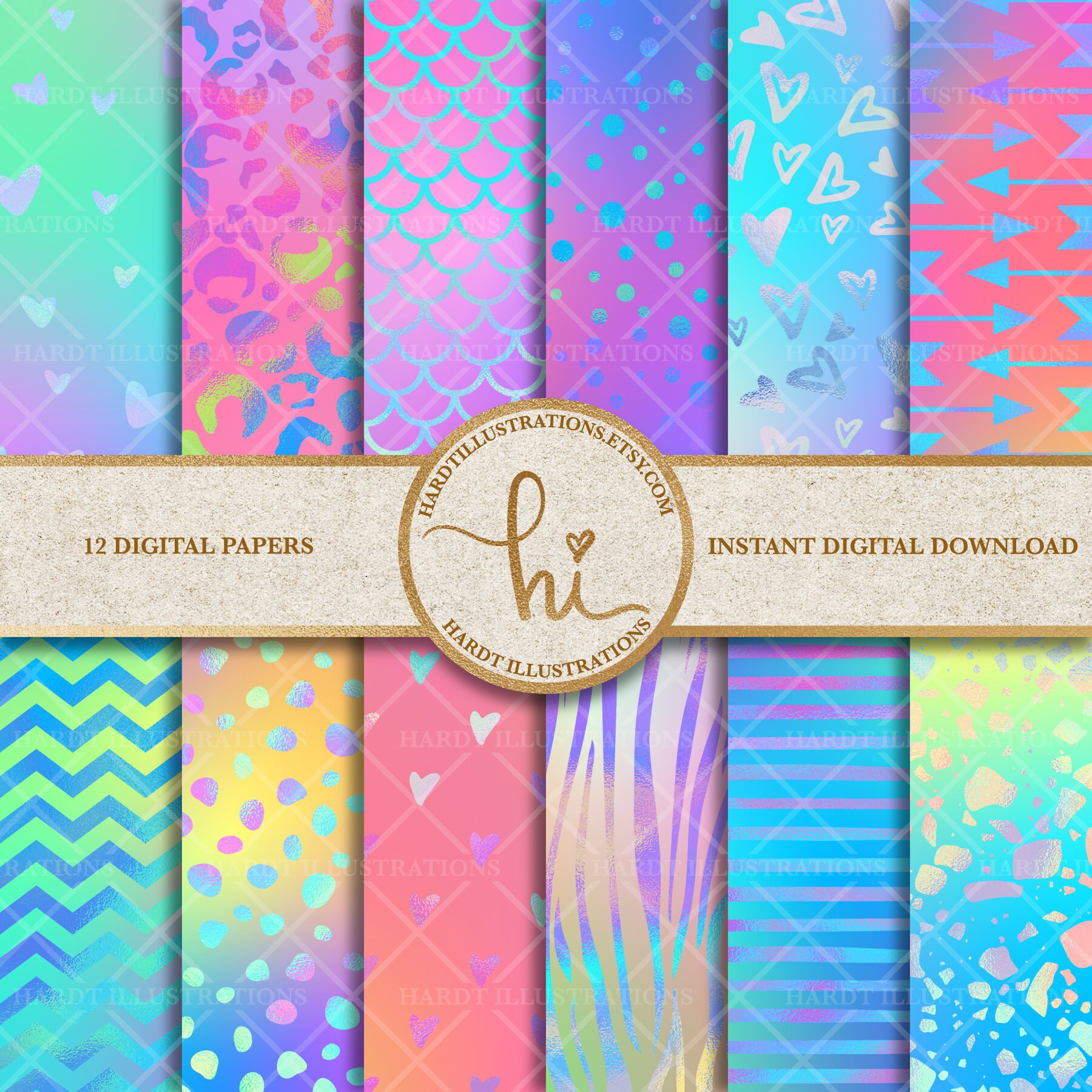 Holographic Designs Digital Paper, Neon Rainbow Digital Paper.