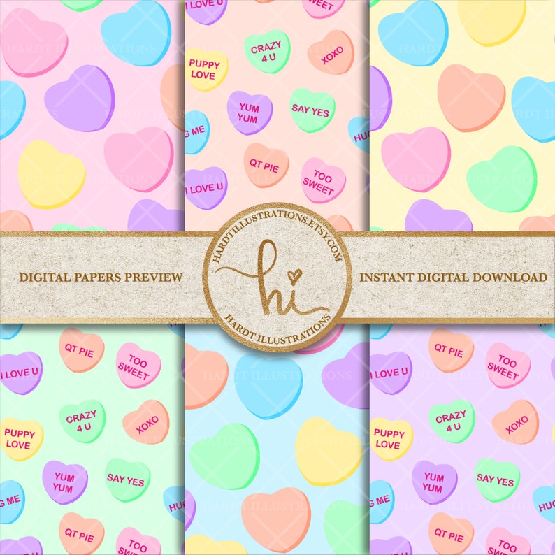 Pastel Candy Heart Digital Paper, Valentine Digital Paper, Conversation Hearts, Valentine's Day Candy, Sweets Design, Cute Scrapbook Paper image 3