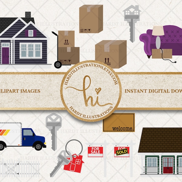 Moving Day Clipart, Moving Clipart, Real Estate Clipart, House For Sale Clipart, House Key Clipart, Cardboard Box Clipart, Moving Truck