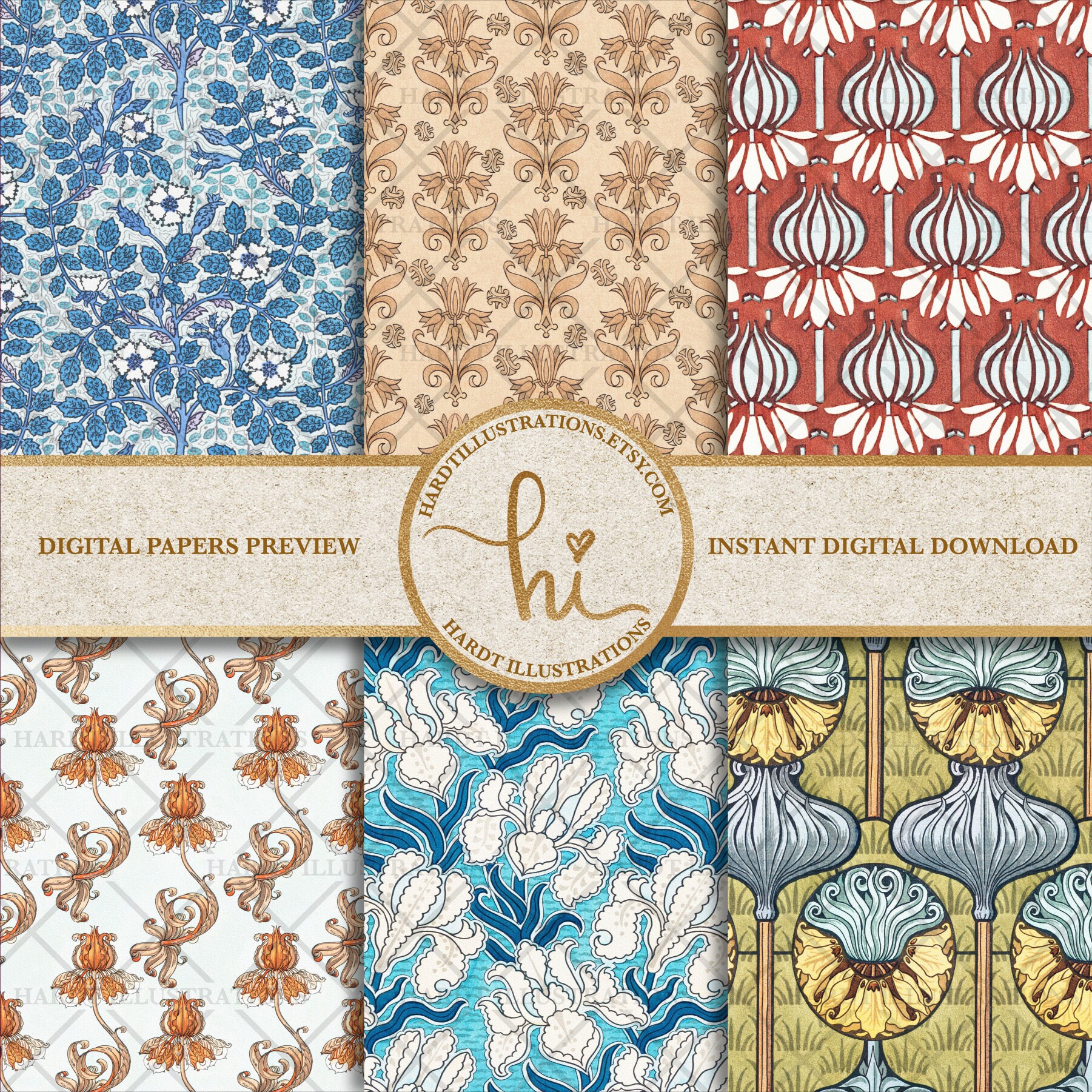 Art Nouveau Flowers Digital Paper Set 5 Plants Digital Paper | Etsy