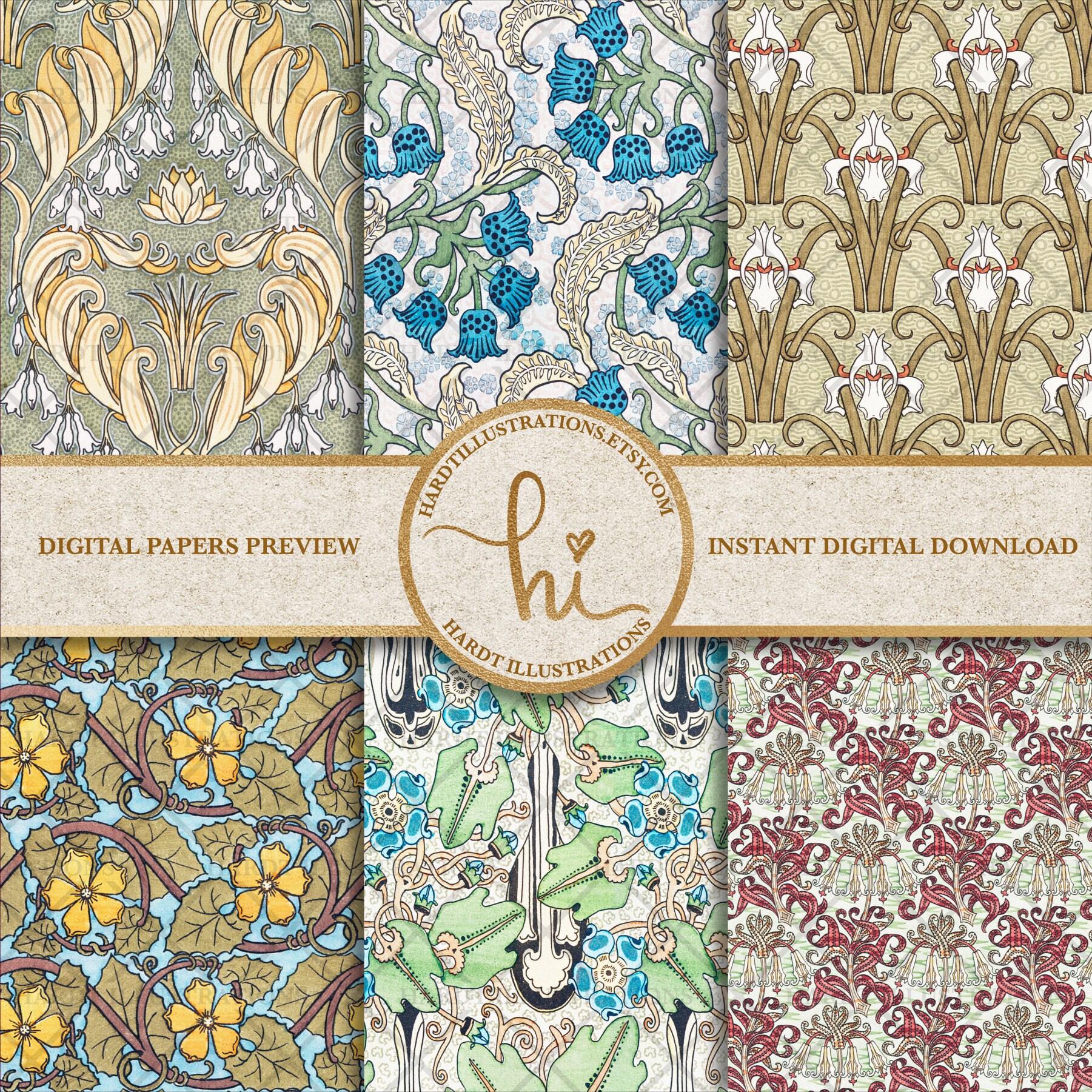 Art Nouveau Flowers Digital Paper Set 1 Plants Digital Paper - Etsy