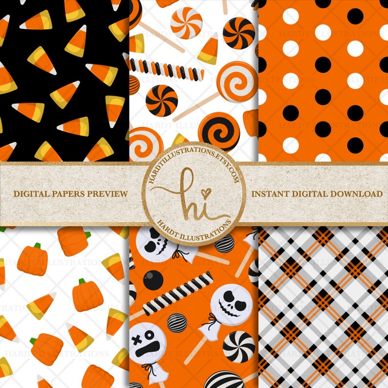 Halloween Digital Paper, Halloween Candy, Halloween Clipart, Scrapbook Paper, Halloween Printable, Orange Black Papers, Trick or Treat Party image 2