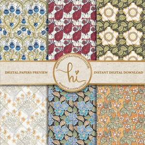Art Nouveau Flowers Digital Paper Set 8, Plants Digital Paper, Vintage ...