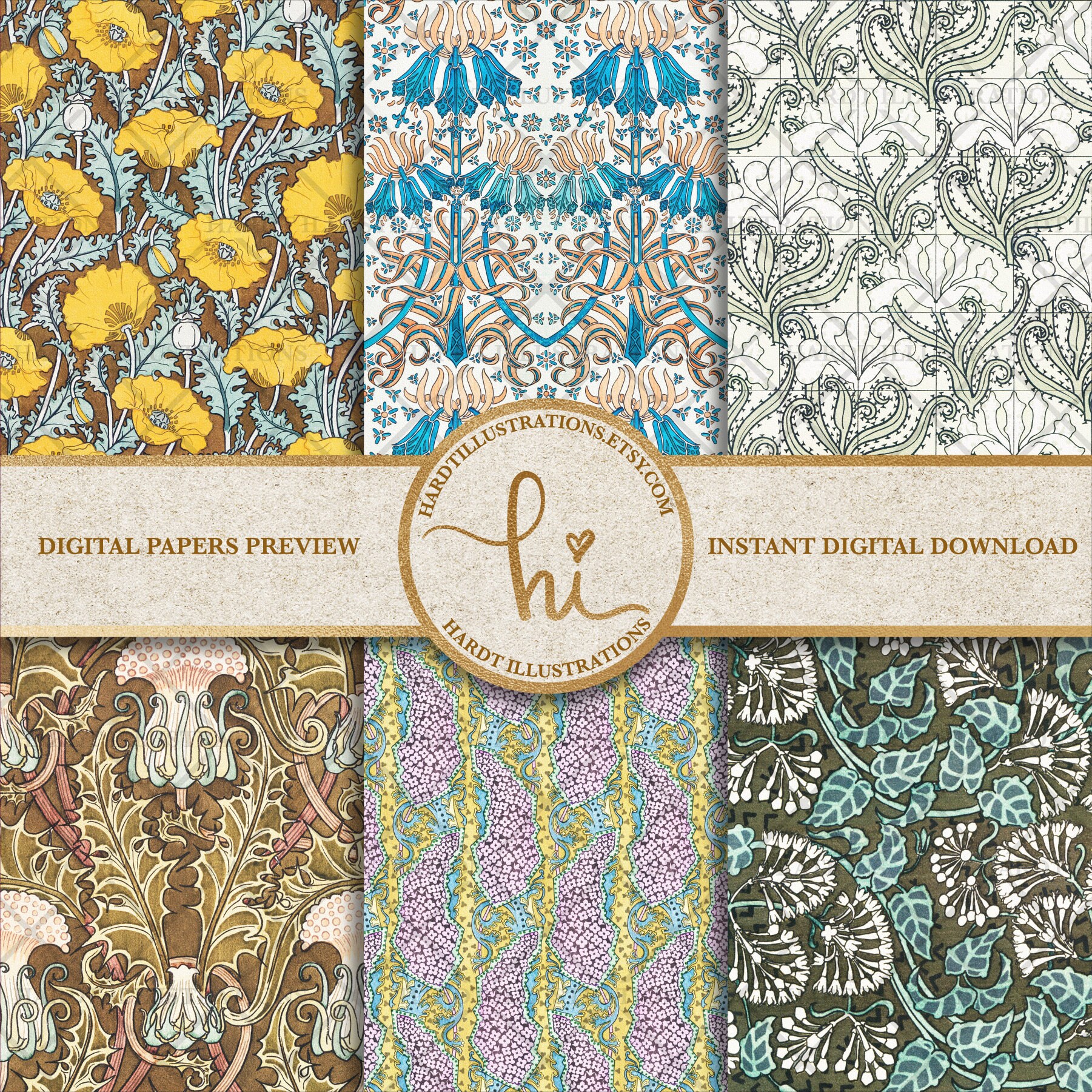 Art Nouveau Flowers Digital Paper Set 5 Plants Digital Paper - Etsy
