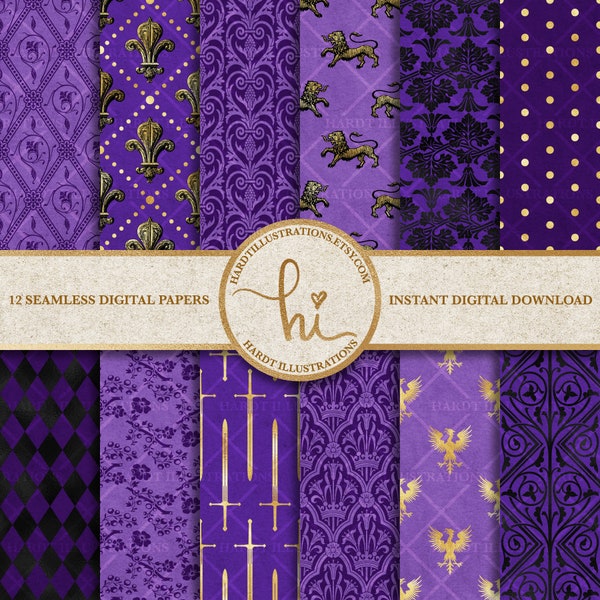 Purple & Gold Foil Heraldic Digital Paper, Violet Medieval Background, Vintage Damask Texture, Printable Damask, Floral Seamless Pattern