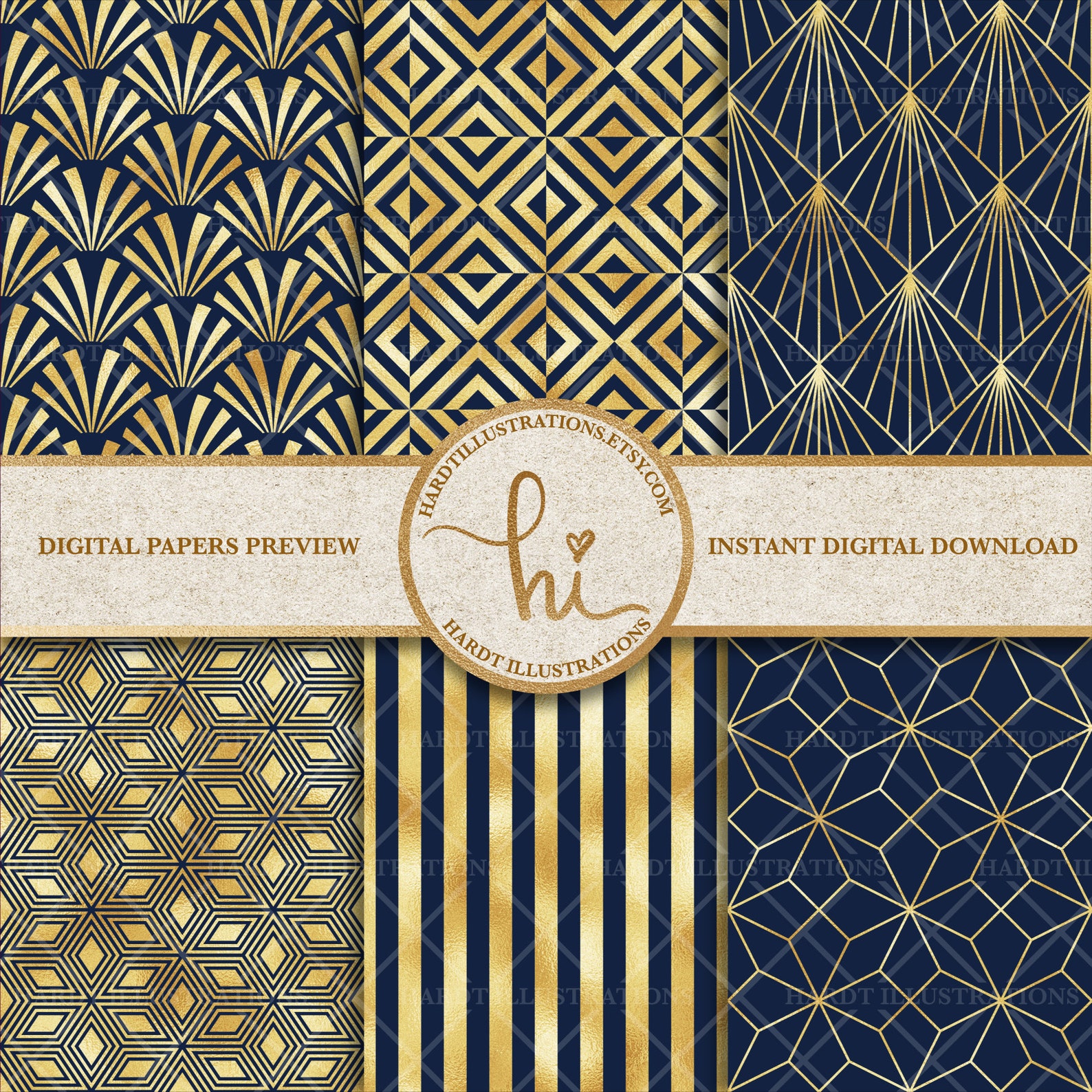 Navy & Gold Foil Art Deco Digital Paper Geometric Design Etsy