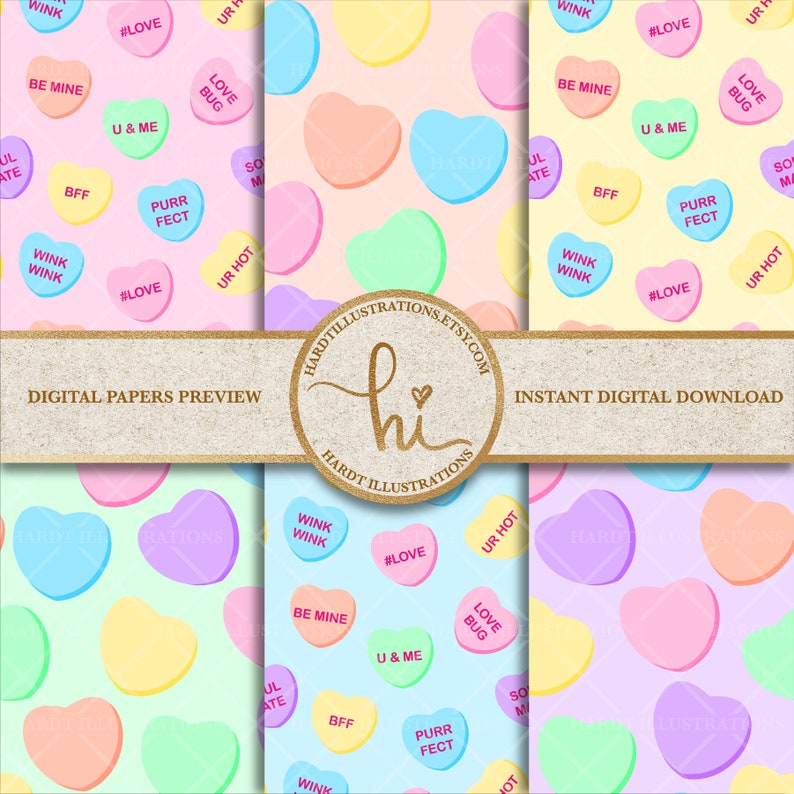 Pastel Candy Heart Digital Paper, Valentine Digital Paper, Conversation Hearts, Valentine's Day Candy, Sweets Design, Cute Scrapbook Paper image 5