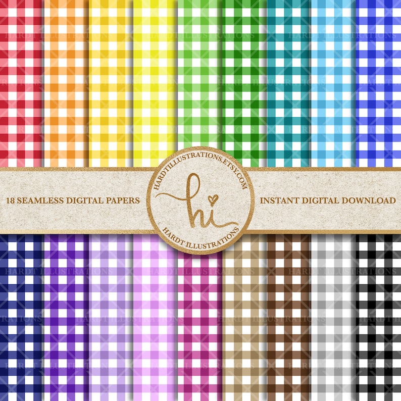 Gingham Digital Paper, Rainbow Gingham Fabric Design, Small Checkered Pattern, Retro Picnic Check, Printable Plaid, Checked Scrapbook Paper 