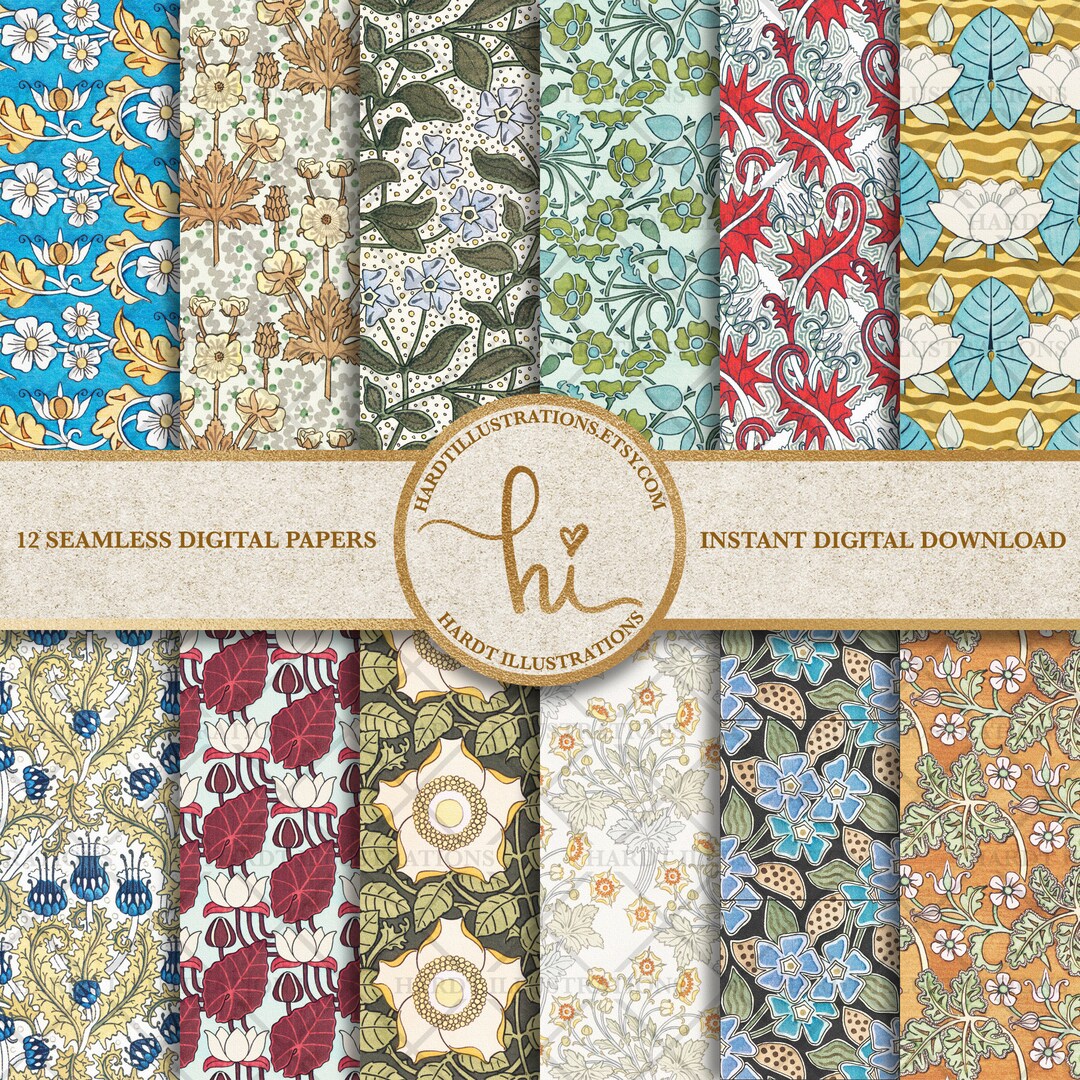 Art Nouveau Flowers Digital Paper Set 8, Plants Digital Paper, Vintage ...