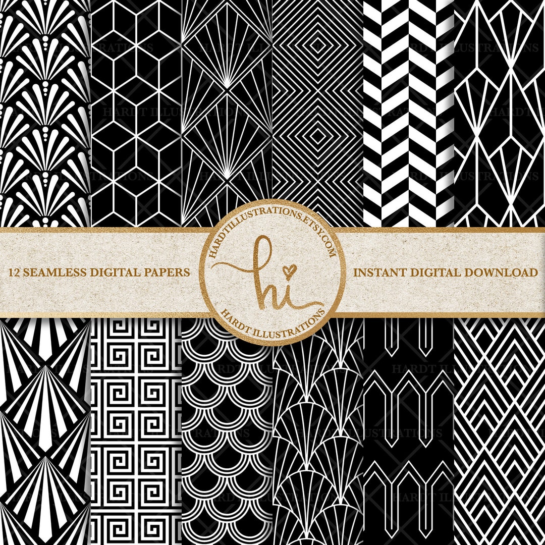 Black & White Art Deco Digital Paper, Geometric Design, Vintage