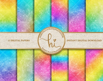 Bright Rainbow Watercolor Digital Paper, Ombre Gradient Digital Paper, Rainbow Colors, Distressed Grunge Texture, Printable Scrapbook Paper