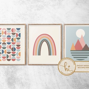 Mid Century Modern Geometric Art Prints, Set of 3 PRINTABLE Wall Art, Circle Rainbow Mountain, Scandinavian Nursery, Contemporary Nordic image 5