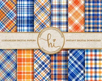 Blue & Orange Plaid Digital Paper, Summer Plaid Digital Paper, Tartan Fabric Digital Paper, Bright Check Designs, Colorful Madras Background