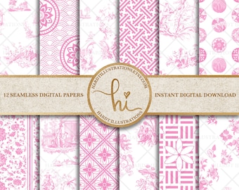 Digital Paper Pack: vintage Pink Patterns, Pastel Digital Paper