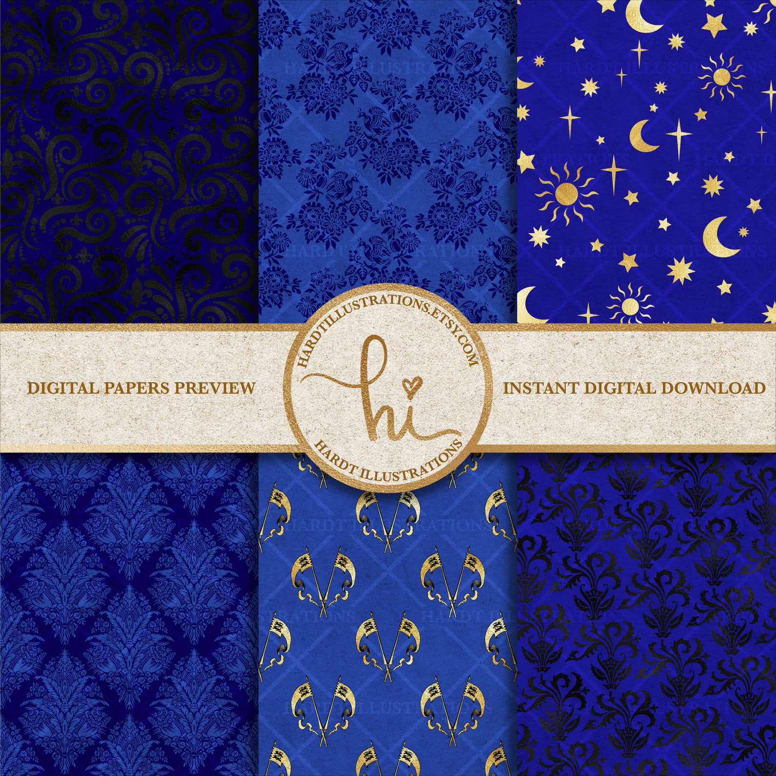 Blue & Gold Foil Heraldic Digital Paper Navy Medieval - Etsy
