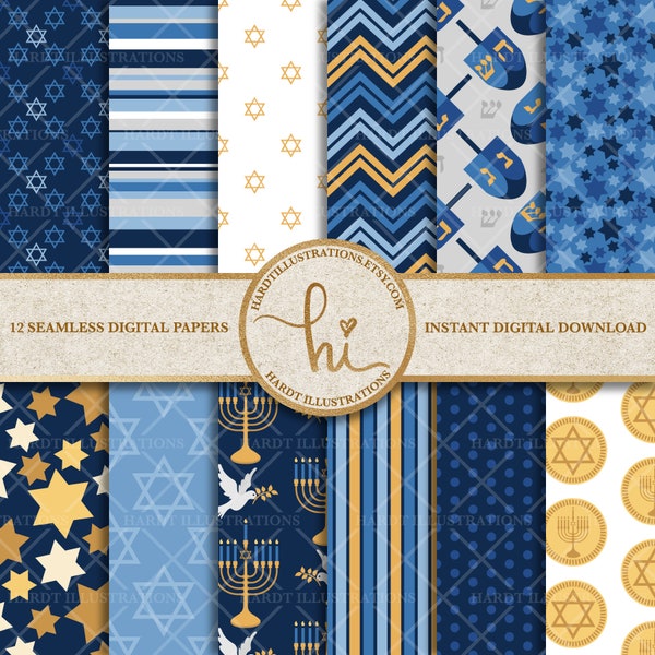 Hanukkah Digital Paper, Jewish Digital Paper, Star of David Design, Judaism Background, Chanukah Printable, Hebrew Dreidel, Seamless Pattern