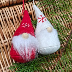 Set of two red white snowflake Nordic Scandi felt nisser tomten felt hanging gonks traditional craft Christmas tree ornaments