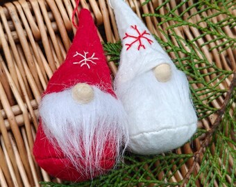 Set of 2 Felt Nisse Gnome Ornaments, Red and White Scandi Christmas Decor (6cm)