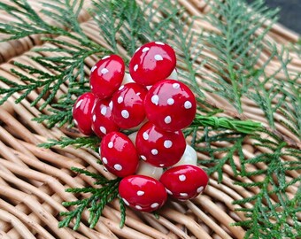 12 Wired Mini Fly Agaric Toadstool Picks 9cm, Red and White Mushroom Christmas Cake Toppers, Wreath and Craft Supplies