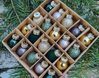Miniature Glass Christmas Baubles: Gold, Green, Grey Scandi Ornaments