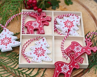 Wooden Reindeer & Tree Ornaments, Scandi Christmas Decor (Set of 8)