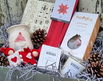 Danish Christmas Eve Gift Box, Nisse Mug, Spiced Tea, Paper Stars, Candle (Hygge Hamper)