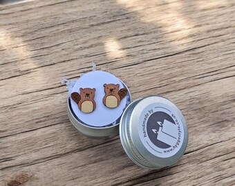 Beaver Earrings, Wildlife Lover Gift, Handpainted Birch Wood Studs, Woodland Animal Jewellery, Gift Tin