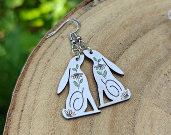 Handpainted Birch Hare Earrings, Folk Art Moon Gazing Dangles, Witchy Gift Tin