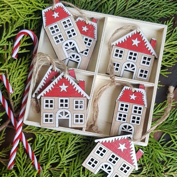 Box of Eight Red and White Nordic Scandi Wooden Traditional Craft