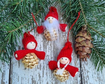 Set of 3 Felt Straw Pixie Nisse Christmas Ornaments, Scandi Gnome Tree Decor (6cm)