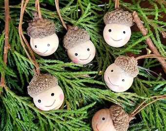 Nordic Wooden Acorn Pixie Ornament Set, Scandi Christmas Decor