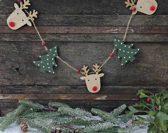 Wooden Reindeer Christmas Garland, Nordic Scandi Tree Bunting (1.2m)