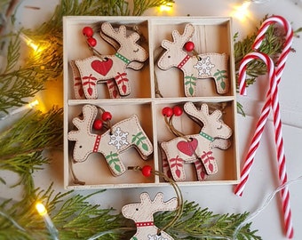 Box of eight red and white Nordic Scandi wooden traditional craft Christmas tree ornaments reindeer