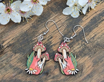 Handmade Nordic cottagecore earrings - red white fairy tale woodland fly agaric toadstool mushrooms with fox, plus gift tin